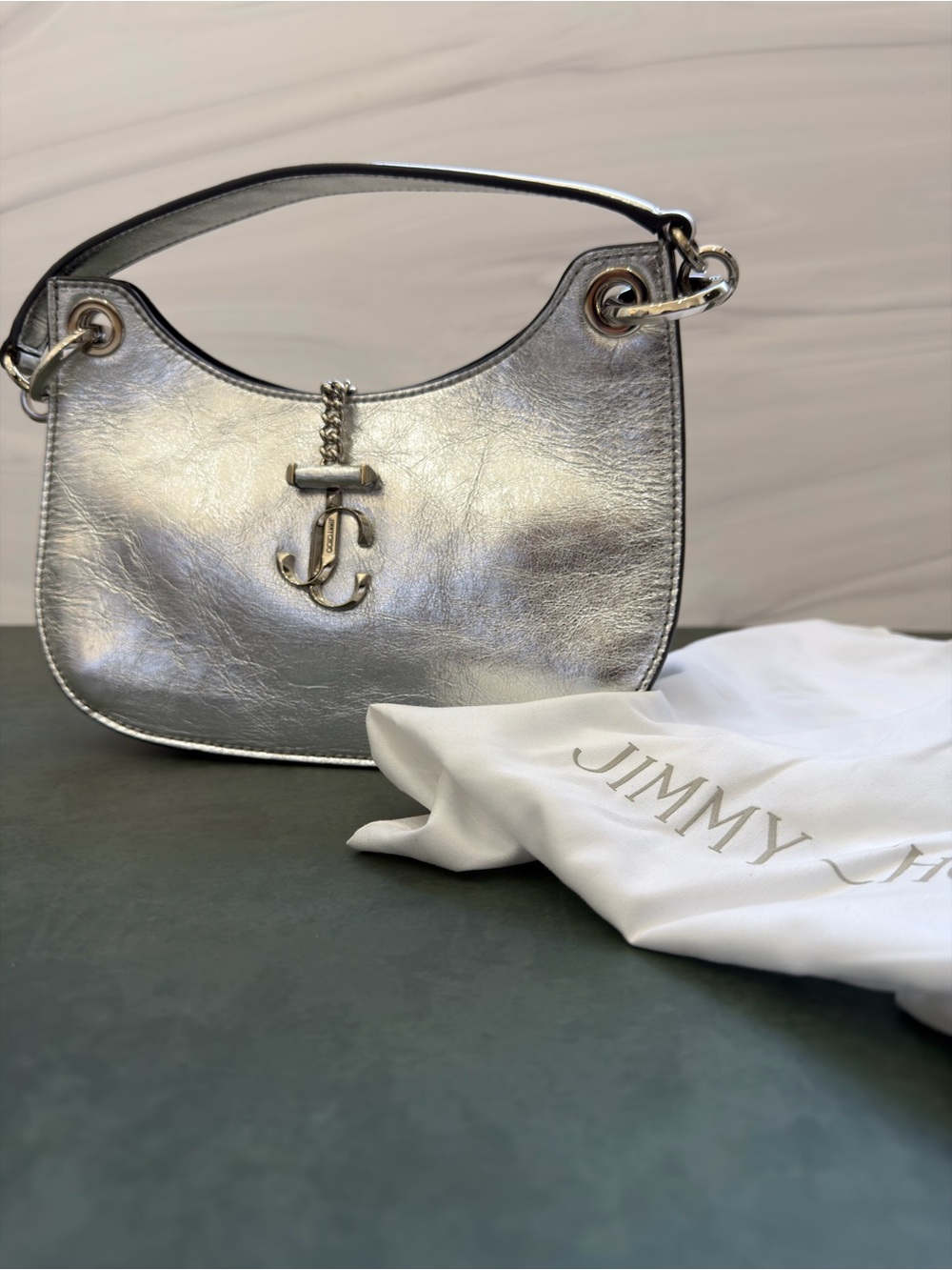 Jimmy Choo Silver Metallic JC-Logo Shoulder Bag